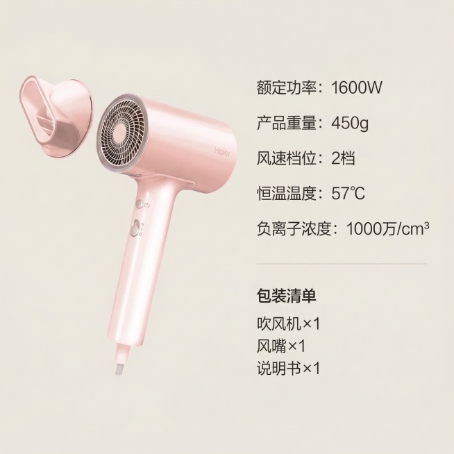 吹风机参数信息详情页，简约清晰风格，和之前系列统一。背景为浅米白色，左侧摆放吹风机和配件风嘴，右侧清晰标注参数信息：额定功率1600W，产品重量450g，风速档位2档，恒温温度57℃，负离子浓度100预览效果