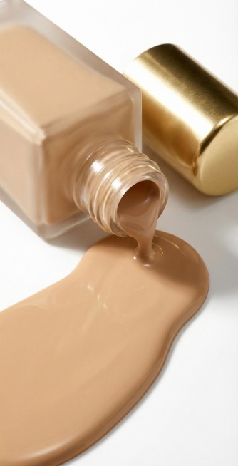 打开金色瓶盖，倾倒磨砂玻璃瓶身，倒出里面的肤色粉底液，保持明亮光影和商业精修质感预览效果