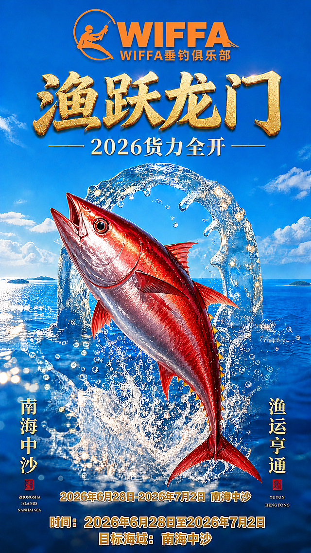 基于图3进行修改：删除底部横幅中的文案“向大海出发·钓精彩人生”及其英文“FISHING · JOY · LIFE”，替换为单行文字：“2026年6月28日-2026年7月2日 南海中沙”，使用白色字体加金色描边，字号适中、居中排布，确保清晰可读；保留顶部WIFFA镂空LOGO、主标题“渔跃龙门”、副标题“2026货力全开”、鲜红金枪鱼跃龙门主体、侧边“南海中沙”与“渔运亨通”及底部已有的“时间：2026年6月28日至2026年7月2日”“目标海域：南海中沙”信息（若重复则合并精简）；整体风格保持写实商业摄影，4K超清分辨率