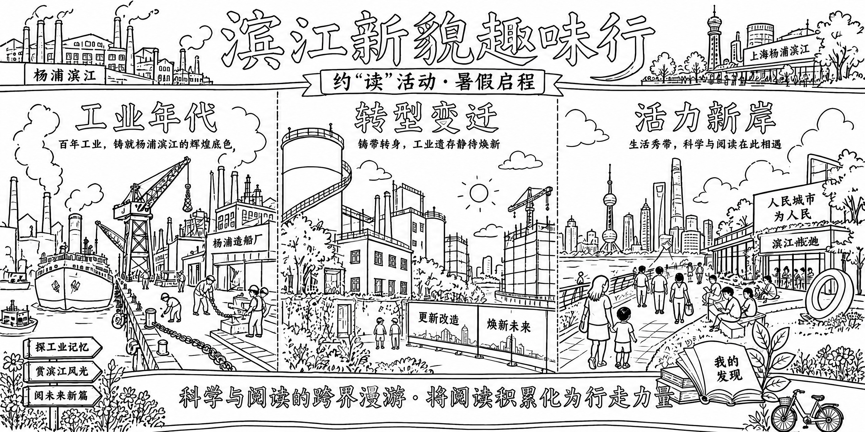 将这张三折页简笔画海报转换为纯黑白色线稿风格，去除所有颜色填充… - 图片创意预览