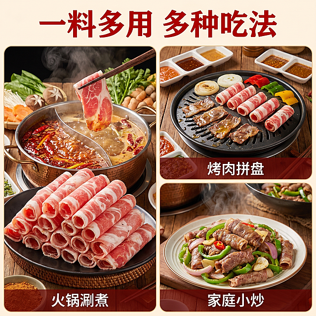 [主图 8] 多种吃法展示，适配多样场景；[氛围风格] 丰富诱人美食风；[画质] 商业美食摄影质感，光线柔和通透，产品清晰真实；[元素] 参考输入图片，保持牛肉卷颜色纹理与原图一致，分三个小区域展示不同吃法：火锅涮煮、烤肉拼盘、家庭小炒，牛肉卷在每个场景中都作为核心食材，整体拼接排版自然，光影统一；每个场景都真实诱人，突出产品多用性；[光影] 每个区域光线统一，暖调诱人；[配色] 整体暖调美食配色，丰富有层次；[文字版式] 顶部大标题“一料多用 多种吃法”红色粗体，每个小场景下方标注吃法名称，文字清晰不遮挡主体；[比例分辨率] 1:1 比例，2k分辨率，文字清晰锐利，超高清；[负向提示词] 变形，水印，文字错乱，产品模糊，背景杂乱，遮挡主体，光影不统一