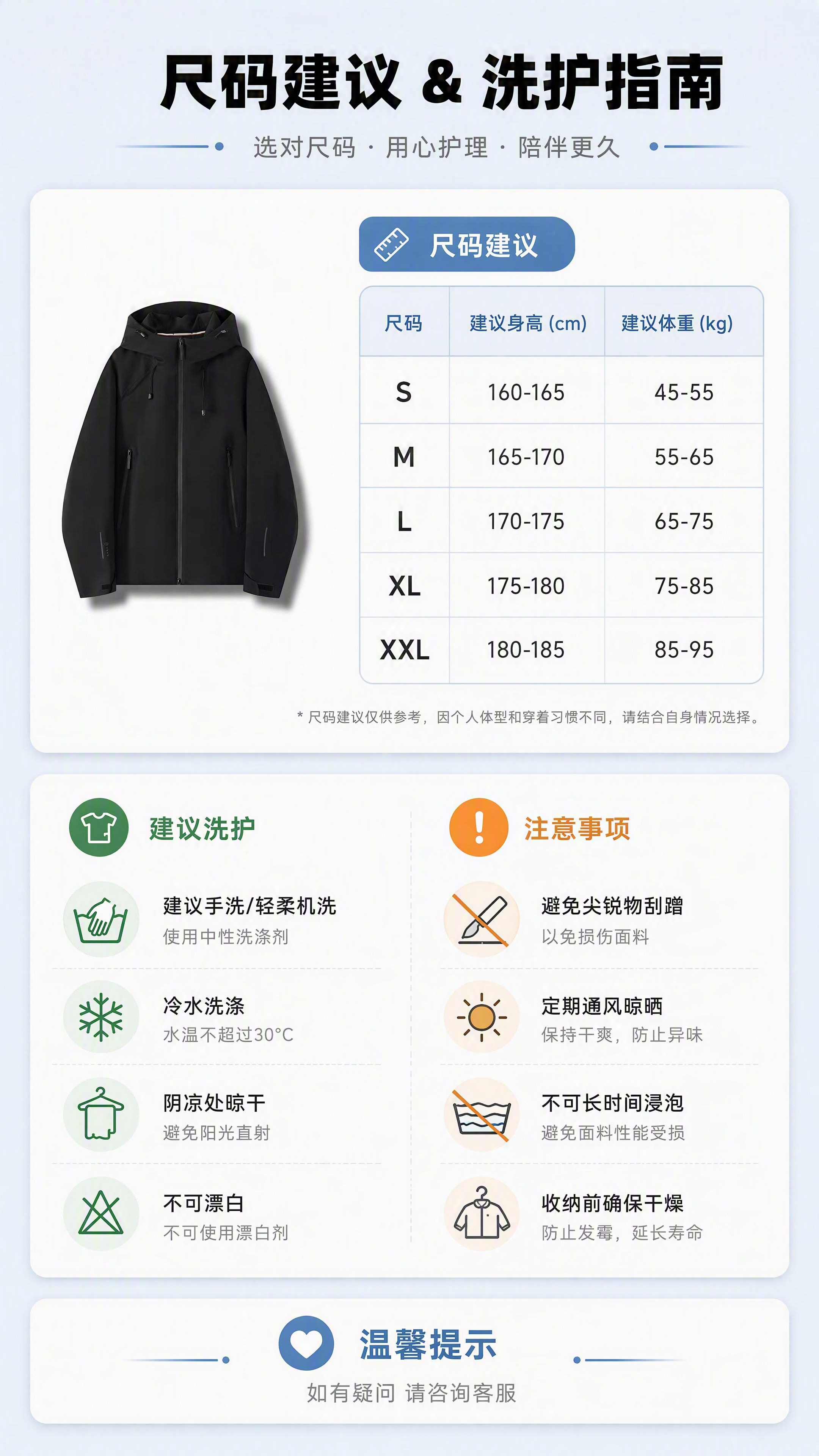 [第12张] 尺码建议与洗护保养页-五色连帽冲锋羽绒服选购指南… - 图片创意预览