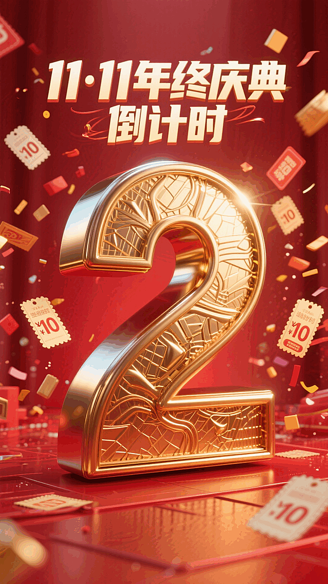 金属艺术字体设计“11·11年终盛典 倒计时2天”中的“2”要大突出，成为画面主体，金色金属质感，红色背景，活动氛围，促销元素包围