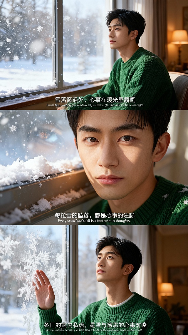 冬日暖光中，雪落窗棂，光影交织出诗意私语。胶片质感与油画风融合，营造出温馨、浪漫的实景氛围，每帧皆是故事的注脚。