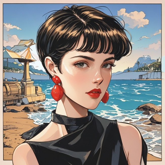 复古漫画风，背景在海边预览效果