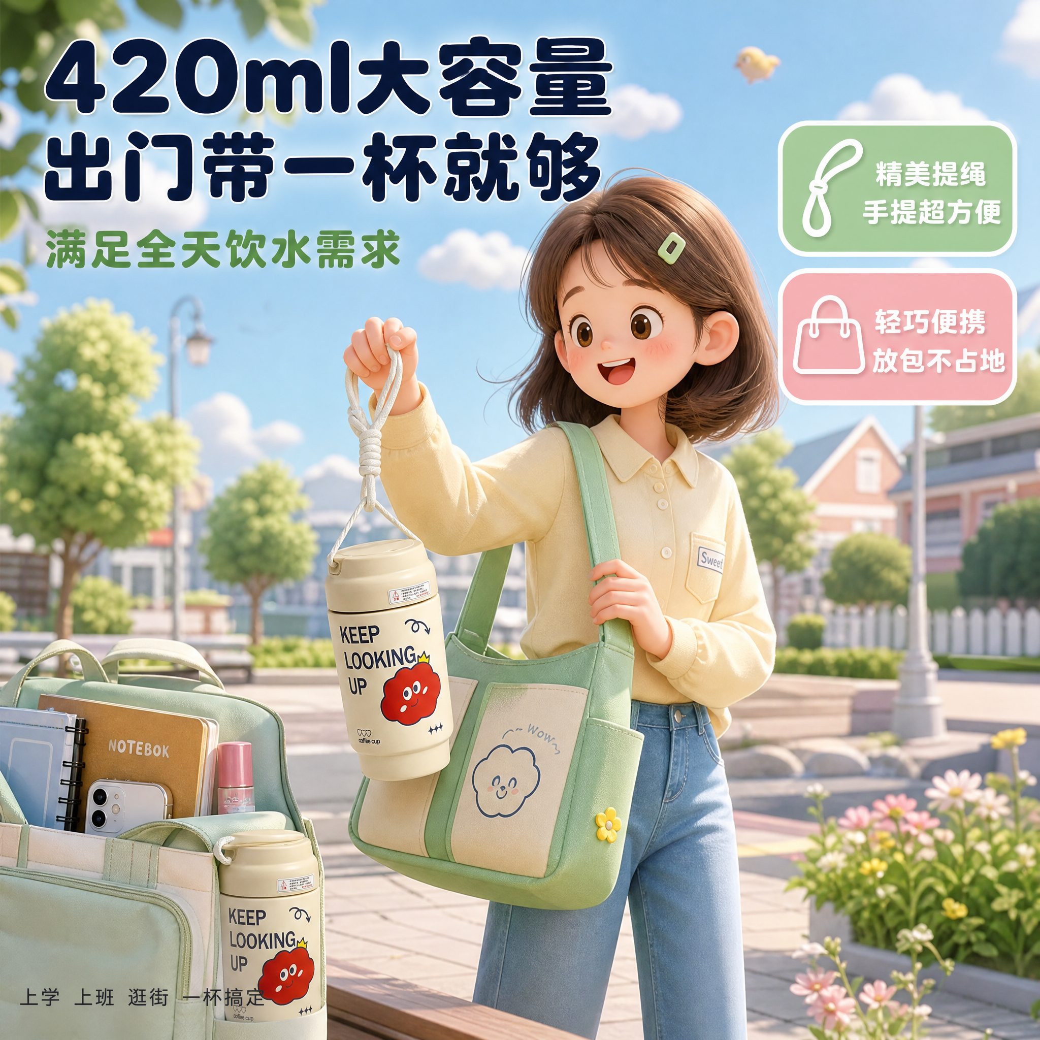 [主图-4] 420ml大容量+便携提绳出行场景图，通勤出行使… - 图片创意预览