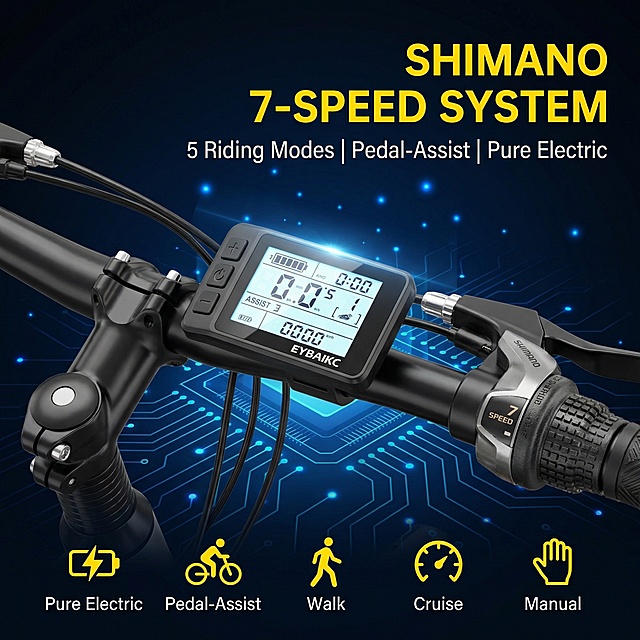 Create a 1:1 ratio Instagram/TikTok/Pinterest story graphic, strictly restore the EYBAIKC Shimano 7-speed gear and LCD display details, keep the Shimano gear texture, LCD screen, "7 SPEED" text, 5 riding mode icons and all product details completely consistent with the uploaded picture. The overall style is intelligent tech outdoor style. Main title (bold yellow large font, top right): "SHIMANO 7-SPEED SYSTEM". Subtitle (white medium font, below main title): "5 Riding Modes | Pedal-Assist | Pure Electric". Information layout: Place the bike handlebar LCD display close-up (restore the LCD screen data display and black handlebar texture) in the center of the frame, place the 5 riding mode icons (Pure Electric, Pedal-Assist, Walk, Cruise, Manual) in a row at the bottom, and place the main title and subtitle on the right side of the LCD display. Design emphasis: Use a dark tech background with blue light spots, highlight the LCD screen's high-brightness display and Shimano gear's metal texture, use yellow icons to match the main title color, and use a unified text font to ensure the multi-mode卖点 is clear and intuitive.