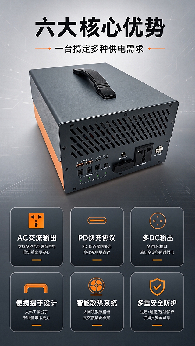 [商品] 使用【图1】深灰+橙色便携式储能电源；保留金属外壳、提手、接口面板、散热格栅全部结构与颜色；产品为右前45度视角，清晰展示整体形态。
[画面] 目标：核心卖点总览，6大功能卡片式呈现。构图：竖版9:16，产品位于画面中上部，占画面约40%。下方排列6个圆角信息卡片，2行3列布局，每卡对应一个卖点，卡片内配小图标与短文字。背景为浅灰渐变，带细微科技纹理，整体干净专业。
[视觉] 套系策略：风格=工业科技风商业摄影；标题字=粗黑无衬线黑体；正文字=简洁无衬线体；主色=深炭灰；背景延展=基于深炭灰做深浅渐变、同色系层次与细腻金属/磨砂质感；强调色=活力橙，仅用于小面积图标、引线、标签和局部光效；标题色=纯白；正文色=浅灰；组件=圆角深色信息卡、细线引线、橙色点缀图标；光影=左前侧硬光+右侧轮廓光，突出金属质感与体积感。
[文字] 顶部主标题「六大核心优势」，副标题「一台搞定多种供电需求」。6个卖点卡片分别为：「AC交流输出」「PD快充协议」「多DC输出」「便携提手设计」「智能散热系统」「多重安全防护」。每个卖点配橙色小图标。文字均为横排。
[规格] 图片比例9:16竖版，4K分辨率，避免变形、错字、文字过小、产品颜色改变、结构失真。