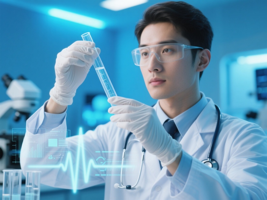 一位穿着白色医生服、戴着听诊器和白色手套的医疗工作者，双手小心翼翼地拿着一支装有透明液体的玻璃试管，背景是充满未来感的蓝色调医疗实验室，模糊的仪器和蓝色光效营造出科技感与专业氛围，前景有半透明的医疗数据图表、波形图和试管虚影元素叠加，整体呈现出高清、写实的医学科技风格，光影柔和，突出医疗工作的严谨与科学感，适合作为医疗背景使用。预览效果
