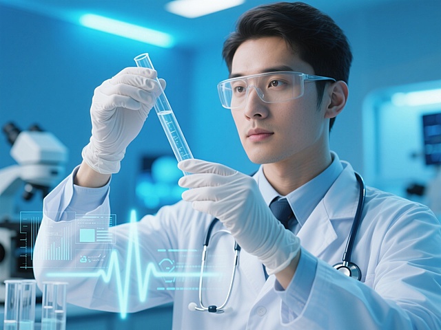 一位穿着白色医生服、戴着听诊器和白色手套的医疗工作者，双手小心翼翼地拿着一支装有透明液体的玻璃试管，背景是充满未来感的蓝色调医疗实验室，模糊的仪器和蓝色光效营造出科技感与专业氛围，前景有半透明的医疗数据图表、波形图和试管虚影元素叠加，整体呈现出高清、写实的医学科技风格，光影柔和，突出医疗工作的严谨与科学感，适合作为医疗背景使用。