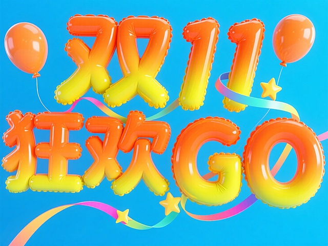 3D充气字体设计“双11狂欢GO”字样，亮橙色 + 荧光黄渐变，表面带细腻光泽（类似原图立体字的胶质反光），字体膨胀饱满，蓝色背景