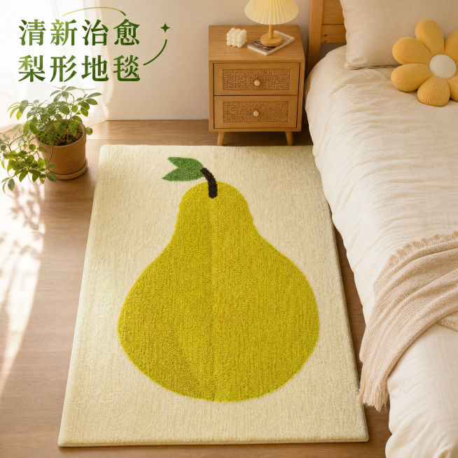 [主图1] 梨子图案植绒地毯卧室铺陈，治愈清新风，商业摄影质感，暖调自然光，保持原图外观不变，1:1，4K，左上文字：清新治愈 梨形地毯预览效果