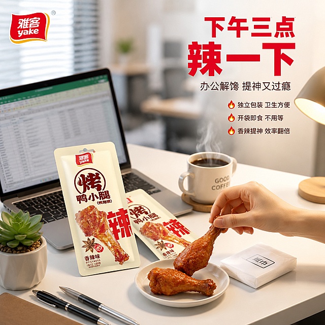 [主图-6] 雅客烤鸭小腿香辣味办公解馋场景图。
[氛围风格] 办公室下午茶场景，轻松治愈的职场氛围，自然光+台灯暖光，抖音职场种草感。
[画质] 商业生活方式摄影质感、光线明亮柔和、产品清晰真实、画面干净有代入感。
[元素] 办公桌一角，白色桌面上放着打开的笔记本电脑（屏幕显示工作表格虚化），键盘旁边散落着2袋雅客香辣味烤鸭小腿，其中一袋已拆开，倒出2只鸭翅根在白色小碟子中，旁边放着一小包纸巾。旁边还有一杯冒着热气的美式咖啡、一盆小多肉绿植、几支笔。一只手（仅露出手腕和手指局部）正伸向碟子中的鸭翅根。背景是虚化的办公室环境，百叶窗透进自然光。左上角雅客品牌Logo。**保持雅客烤鸭小腿包装袋外观与输入产品图完全一致，杜绝变形色差**。产品组合主体占比约55%。
[光影] 左侧窗边自然光为主光，冷白色调，右侧桌面台灯暖光作辅光，冷暖交融，光线柔和明亮，阴影自然，整体清新办公氛围。
[配色] 主色调白色、浅灰、木色；辅色雅客红、咖啡棕、绿植绿。
[视角构图] 45度俯视桌面视角，模拟坐在办公桌前的视角，前景中景清晰，背景虚化，有职场代入感。
[文字版式] 右上负空间右对齐。主标题大字“下午三点 辣一下”，粗圆体，大红色最大号粗体。副标题“办公解馋 提神又过瘾”，细黑体约半高，灰棕色。下方三个小卖点：“独立包装 卫生方便”“开袋即食 不用等”“香辣提神 效率翻倍”，每行前有小火焰图标，小号字。
[输出要求] 1:1比例，文字清晰锐利可辨，超高清生活方式摄影质感。
[负向提示词] 变形，文字错乱，产品图模糊，背景杂乱，水印，电商平台Logo，多余的手，多余的手指，畸形手，融合手指，手部扭曲，人物面部扭曲，关节反折。
