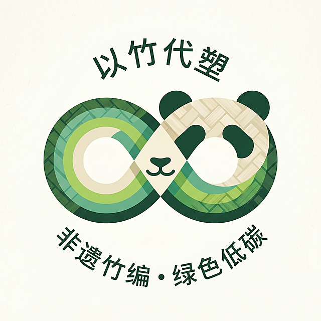 参考图片中的双环形无限竹编结构，生成扁平化矢量风格的logo，融合非遗竹编、以竹代塑、绿色低碳主题，简化传统复杂竹编纹理，几何重组线条编织，色块分层，低透明度竹纹叠加，风格干净现代，整体呈现无限符号的双环熊猫造型logo