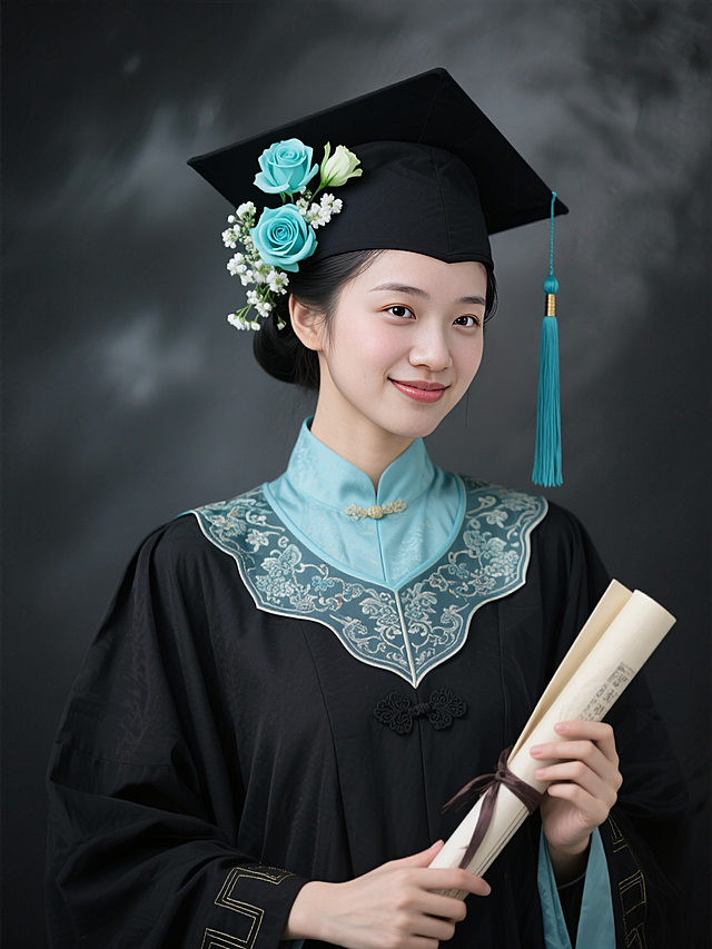 女生证件照，黑色学士袍，内衬是天青色汉服，鬓角和帽子上簪青色洋桔梗和青色玫瑰、白色小花，学士帽穗子，手执卷轴，领口复古花纹，黑灰色朦胧背景。