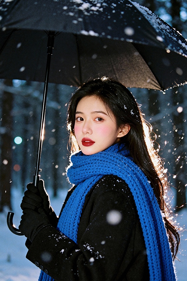 夜晚雪景森林，黑长发女性撑伞转头看镜头，侧逆光勾勒脸部轮廓与发丝，蓝色粗针织大围巾，黑色大衣与手套，皮肤通透，淡粉色腮红晕染脸颊下巴，红棕豆沙唇釉边缘模糊，旧胶片机闪光灯效果，雪花飘落有虚实质感，清冷暗灰色蓝调，胶片颗粒，近景构图，人物侧身站立撑伞，居中占比三分之一，真实灵动可爱