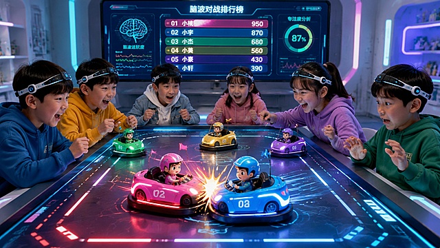 横版画面，六个小孩带着脑机接口控制桌面碰碰车游戏，女孩子的小车主动撞男孩子，小男孩紧张躲避，欢乐趣味的科技互动场景