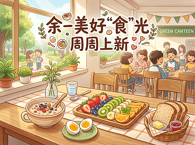 余一美好“食”光•周周上新 校园绿色食堂绿色食谱动画配图，清新可爱的卡通动画风格，画面展示营养均衡的早餐场景，有燕麦粥、水煮蛋、新鲜水果拼盘、全麦面包，摆放在木质餐桌上，背景是阳光透过窗户洒进的校园食堂，绿色盆栽装饰，温暖治愈的氛围，画面上方有艺术字标题"余一美好“食”光•周周上新"