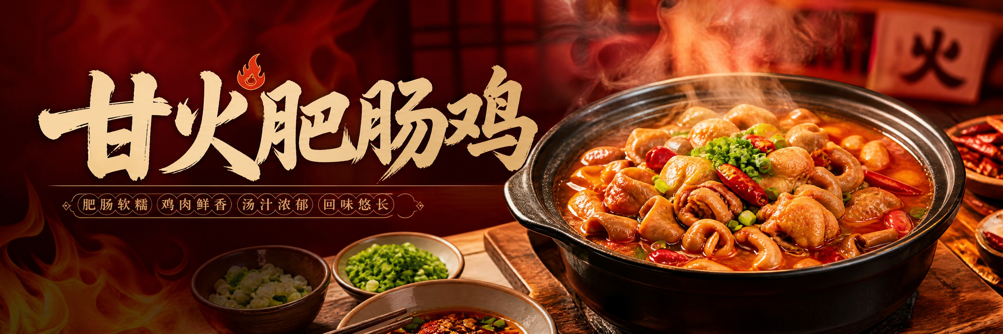 写实风格餐饮品牌宣传海报，店名"甘火肥肠鸡"，画面主体是一锅热… - 图片创意预览
