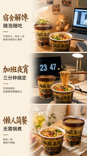[第5屏] 多场景使用种草，展示产品适用场景。
[氛围/风格] 生活化氛围感，真实年轻场景，治愈温馨风格，美食摄影质感。
[元素布局] 竖拼三段场景，每段一段标题+一张场景图，从上到下依次展示：宿舍场预览效果