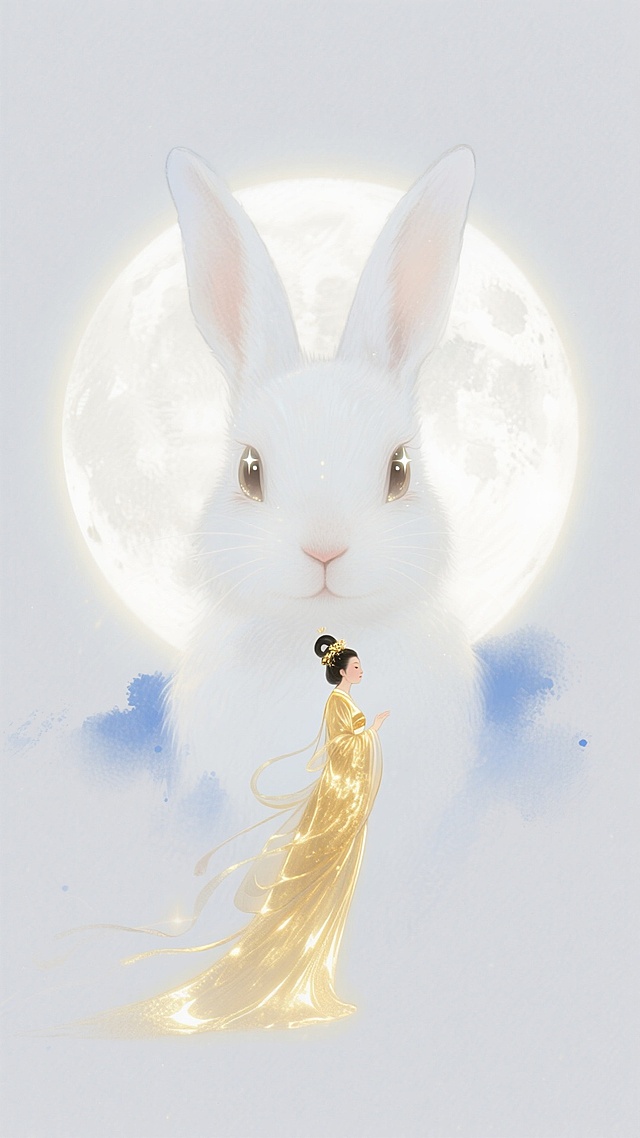梦幻感与唯美感交织，中式插画风呈现嫦娥与玉兔的国潮拟人形象，水彩晕染搭配鎏金服饰，月光映衬下尽显中秋诗意。