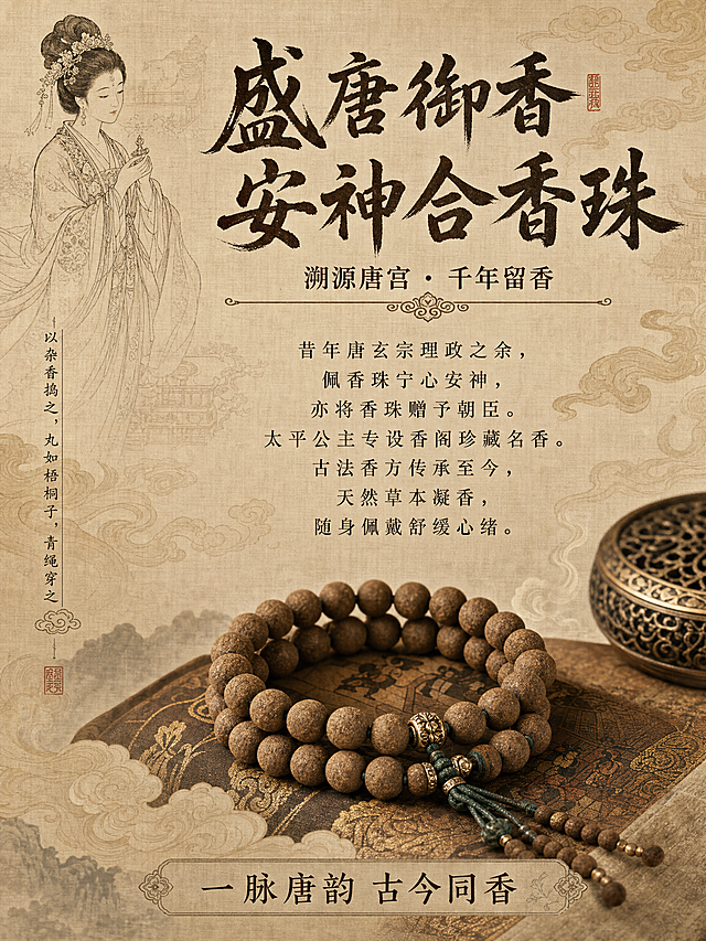 新中式盛唐宫廷风海报，浅杏色绢布纹理背景，带有暗纹祥云，色调素雅温润。画面下方摆放手工合香珠手串，左上角绘制简约线描唐代宫廷人物。整体古风质感，无卡通元素。
文字内容：
顶部书法大字："盛唐御香 安神合香珠"
副标题："溯源唐宫・千年留香"
左侧竖排小楷文字："以杂香捣之，丸如梧桐子，青绳穿之"
居中正文："昔年唐玄宗理政之余，佩香珠宁心安神，亦将香珠赠予朝臣。太平公主专设香阁珍藏名香。古法香方传承至今，天然草本凝香，随身佩戴舒缓心绪。"
底部标语："一脉唐韵 古今同香"
字体搭配：顶部书法大字用书法体，左侧小楷文字用小楷字体，正文用古风宋体。字体配色以深棕、墨黑为主，整体氛围感古朴雅致。