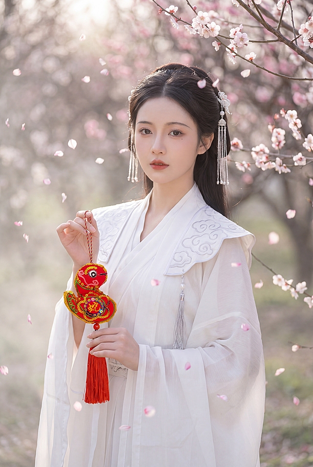 国风海报，绝色佳人，古装美人，身穿精致白色汉服，云纹肩饰，银色流苏发饰，手拿着参考图上红色刺绣蛇形香包，站在梅花林中，花瓣纷飞，朦胧水雾氛围，柔和柔光，摄影写实风格，色彩淡雅清新，细节丰富，高分辨率，竖版构图2:3