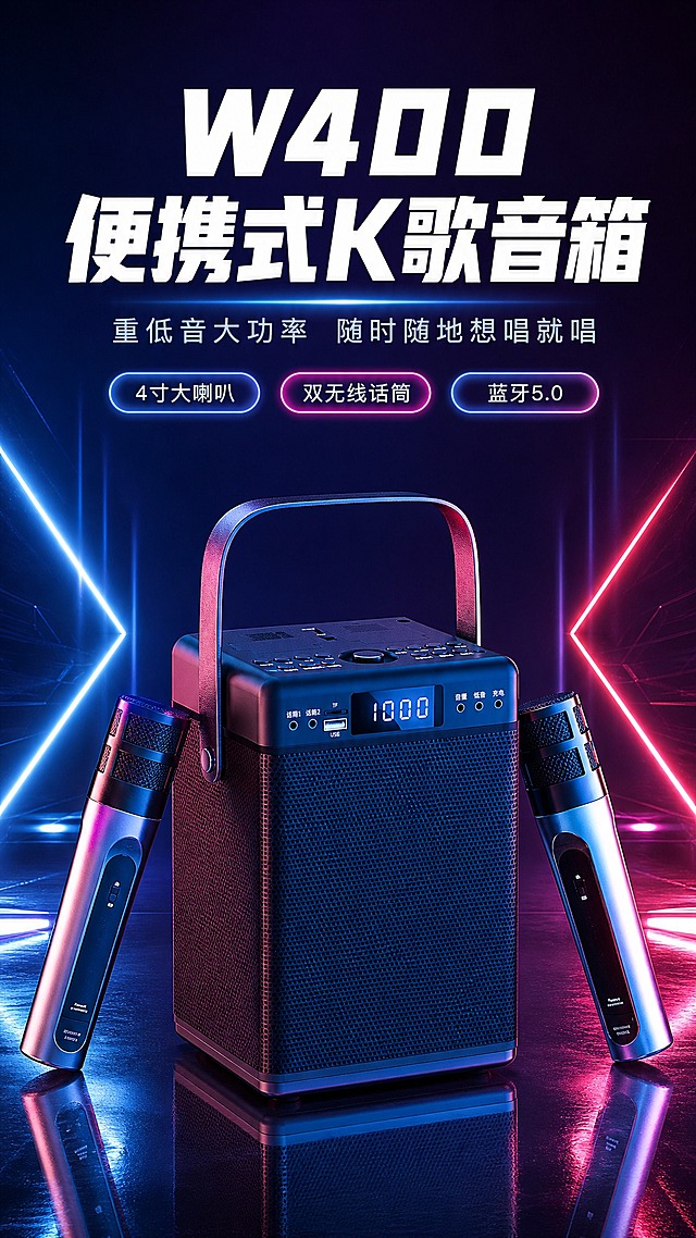 [商品] 使用【图2】W400便携式K歌音箱主机+双无线话筒；保留产品方正箱体结构、网面纹理、顶部按键面板、数字显示屏、皮质提手、话筒金属网头与渐变蓝银机身颜色，不改变产品原貌。
[画面] 目标：硬核头图，突出产品全貌与核心定位。大标题压迫型版式，主标题居上，产品位于画面中下部占画面60%，双话筒斜靠主机两侧呈V型展示，背景为深蓝紫渐变+霓虹红蓝光带，营造科技氛围感。前景有反射地面，增强立体感。
[视觉] 套系策略：风格=3C数码科技商业渲染风；标题字=粗黑无衬线字体；正文字=简洁无衬线体；主色=深蓝紫；背景延展=深蓝紫渐变+霓虹红蓝光效+深色反光地面；强调色=霓虹粉紫；标题色=白色；正文色=浅灰蓝；组件=圆角半透明信息卡、细线引线、发光标签；光影=侧前冷光+红蓝轮廓光。
[文字] 顶部主标题"W400便携式K歌音箱"，副标题"重低音大功率 随时随地想唱就唱"，下方3个卖点胶囊："4寸大喇叭""双无线话筒""蓝牙5.0"，文字居上排布，不遮挡产品主体。
[规格] 图片比例9:16竖版，4K，负向提示：避免产品变形、颜色改变、结构缺失、文字模糊、错字、白底、连续同构。