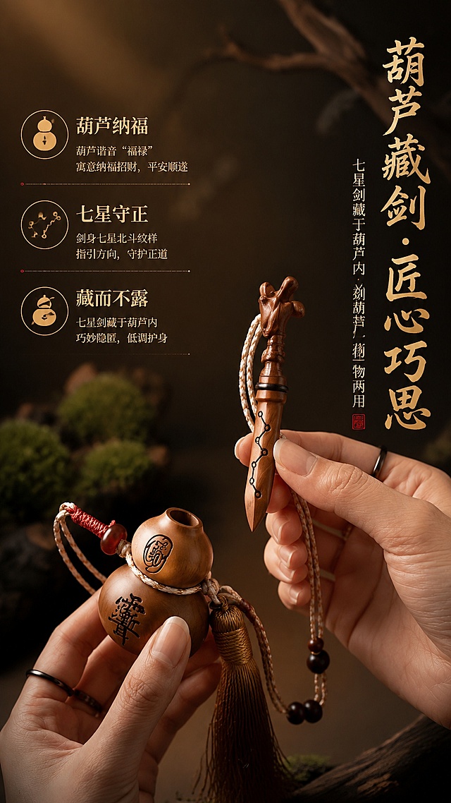 [第2张] 核心卖点页-葫芦藏七星剑巧思解析。本张使用【图2】作为商品主体与手部动作参考。
[氛围/风格] 东方国潮禅意风，暗调高级质感，匠心工艺氛围，商业摄影级。
[元素布局] 画面中央双手分别持葫芦主体与取出的七星剑，呈开合对比展示，占画面约55%；背景为深棕色虚化的苔藓与枯木场景；葫芦与小剑的造型、雕刻纹路、枣木色泽与输入产品图完全一致；突出剑藏于葫芦内的巧妙设计。
[光影质感] 左上方暖光打亮手部与产品，右侧有微弱补光，剑身七星纹路处有高光点缀，阴影柔和自然，突出木质肌理与雕刻细节。
[配色色系] 全局底色 #332419；主色枣木棕 #8B5A2B；辅助色暖金 #D4A853、手部肤色自然。
[视角构图] 45°斜侧视角，手部与产品为视觉中心，阅读动线：右侧标题 → 中部产品展示 → 左侧卖点说明。
[文字版式] 右侧竖排主标题「葫芦藏剑 · 匠心巧思」，烫金书法字体；下方副标题「七星剑藏于葫芦内 养剑葫芦一物两用」；左侧分三点列出设计亮点：「葫芦纳福」「七星守正」「藏而不露」，每点配小图标；文字清晰不遮挡主体。
[比例分辨率] 9:16 竖版比例，2K分辨率，文字清晰可辨，高清画质。
[负向提示词] 变形，水印，文字错乱，文字过小，缺件错件，结构错误，颜色偏差，产品图模糊，背景杂乱。