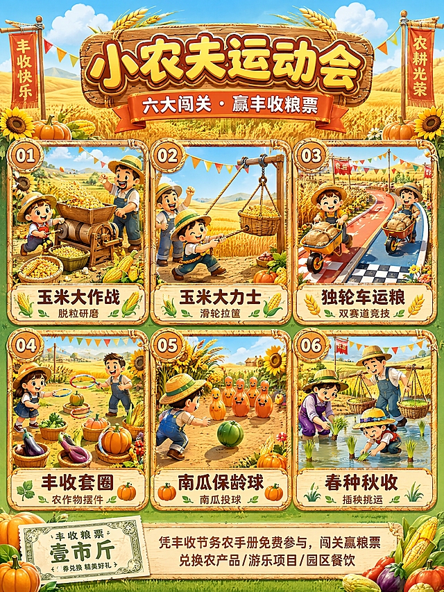 [商品] 使用【图1】丰收节插画元素风格；提取玉米、南瓜、向日葵、卡通农民IP、粮票、独轮车等农耕元素，延续3D卡通质感和金黄+橙红+绿配色；不照搬原图构图，重新构建桃花长廊小农夫运动会六宫格场景。
[画面] 目标：小农夫运动会六大农事闯关项目展示。构图：2行3列六宫格卡片布局，顶部标题区，每格一个闯关项目小场景。主体占画面70%，景别为多格分镜中景。阅读动线从上到下、从左到右。六个项目分别为：①玉米大作战（脱粒研磨）②玉米大力士（滑轮拉筐）③独轮车运粮（双赛道竞技）④丰收套圈（农作物摆件）⑤南瓜保龄球（南瓜投球）⑥春种秋收（插秧挑运）。每个格子配卡通亲子人物互动，背景统一丰收围挡+农耕旗帜+农具装饰氛围。
[视觉] 套系策略：风格=丰收节庆3D卡通插画，国潮田园风；标题字=粗圆体卡通字，带麦穗描边装饰；正文字=圆润无衬线体；主色=金秋麦黄+丰收橙红；背景延展=基于金黄麦田做远近层次、同色渐变和麦浪纹理质感；强调色=果蔬绿，仅用于小面积图标、引线和标签装饰；标题色=深棕红；正文色=深咖色；组件=圆角木质信息卡、麻绳边框、麦穗图标、粮票样式标签、项目序号牌；光影=正午暖阳光，每格光影统一，整体明亮通透。
[文字] 顶部主标题「小农夫运动会」，副标题「六大闯关 · 赢丰收粮票」，每个格子下方标注项目名称（如「玉米大作战」「独轮车运粮」等），底部加一行说明「凭丰收节务农手册免费参与，闯关赢粮票兑换农产品/游乐项目/园区餐饮」。文字全部横排，不遮挡各项目核心画面。
[规格] 图片比例3:4竖版，分辨率4K，负向提示：避免变形、错字、文字过小、冷蓝灰背景、暗黑风格、写实人物、二维码、水印。