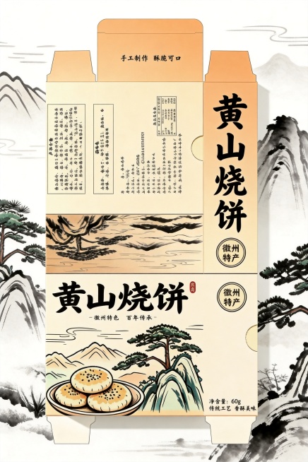 参考提供的黄山烧饼包装元素，重新设计一张创意毕业设计海报，竖向排版。提取黄山烧饼、迎客松、徽州山水等核心元素，将包装结构进行创意化呈现，不是直接照搬包装展开图。整体风格融合传统水墨与现代设计，增加意境预览效果