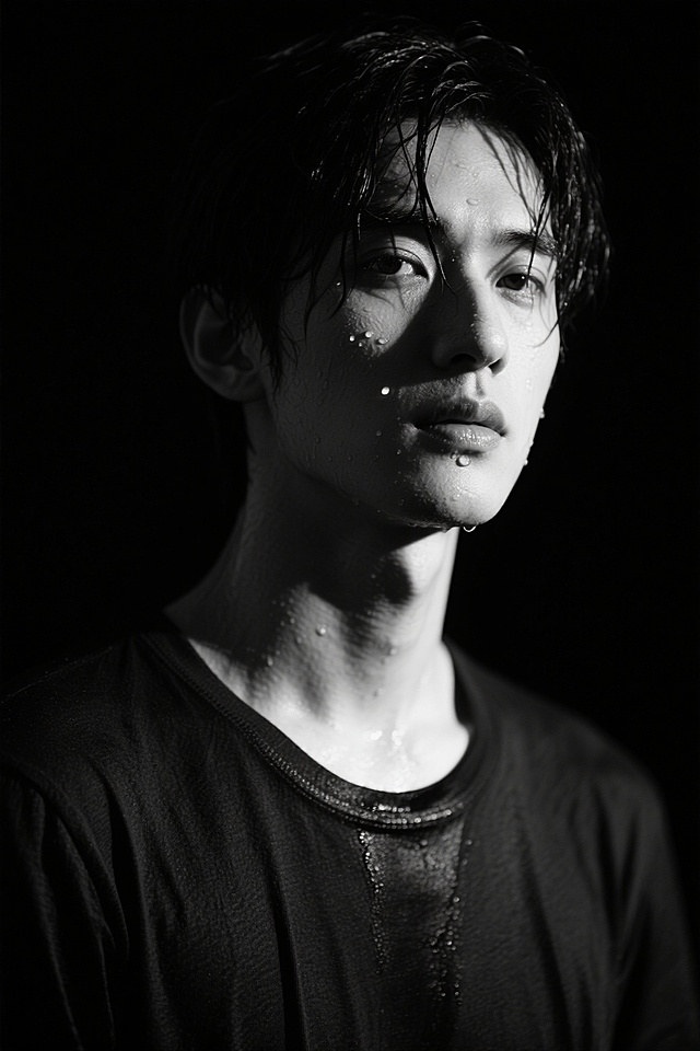 黑白胶片风肖像，光影交错间营造静谧沉郁氛围，单色设计强化情绪张力，水珠细节增添质感与故事感。