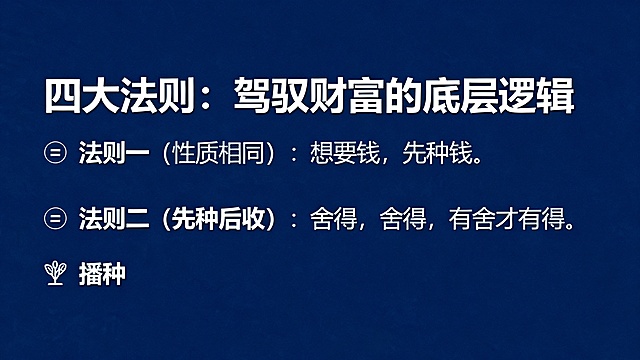 PPT文稿

第1页：封面页

标题：财富与债务真相：种子法则深度解析

副标题：探寻丰盛人生的根本法则

备注：可选用一棵破土而出的幼苗或广阔田野的图片作为背景，象征播种与希望。

第2页：目录/议程

标题：今日旅程

内容：

重新认识财富与债务

财富种子的四大显化法则

债务背后的种子根源

转化路径与日常实践

备注：简洁列出议程，让听众对整体结构有清晰预期。

第3页：互动导入：你眼中的财富与债务

标题：财富与债务，究竟是什么？

内容：

财富 = 金钱、资产、物质？

债务 = 压力、负担、失败？

种子视角：它们都是内在种子的显化。

设计建议：可配以问号或天平图标，引发思考。此页配合您的开场互动。

第4页：财富真相：种瓜得瓜，种豆得豆

标题：财富的真谛：慷慨的果实

核心观点：财富不是追求来的，是种出来的。

关键句：“德者本也，财者末也。”- 《大学》

设计建议：使用“种子→幼苗→参天大树→果实”的递进图示。

第5页：财富种子的四大法则（1/2）

标题：四大法则：驾驭财富的底层逻辑

内容：

法则一（性质相同）：想要钱，先种钱。

法则二（先种后收）：舍得，舍得，有舍才有得。

设计建议：每条法则配一个简洁的图标，如法则一用“=”号图标，法则二用“播种”图标。

第6页：财富种子的四大法则（2/2）

标题：四大法则：驾驭财富的底层逻辑

内容：

法则三（时间错后）：耐心等待，静候花开。

法则四（种子要真）：动机至善，私心了无。

设计建议：法则三可用“时钟”图标，法则四可用“钻石”或“心形”图标，强调纯粹。

第7页：财富卡点的种子根源

标题：为何总感觉匮乏？——财富卡点的根源

内容：

匮乏感 ← 吝啬的种子

恐惧失去 ← 不信任的种子

嫉妒他人 ← 幸灾乐祸的种子

设计建议：可使用“锁链”或“路障”的视觉符号，表示这些是阻碍。

第8页：债务真相：反向的种子显化

标题：债务：非我所愿，为何而来？

核心观点：债务是“索取”、“不守承诺”等种子的显化。

关键句：凡夫畏果，菩萨畏因。

设计建议：背景可选用略显沉重但非绝望的色调或图片，如阴云，但透有一丝光。

第9页：导致负债的四大核心坏种子

标题：拔除负债的根源：四大核心坏种子

内容：

邪淫：万恶淫为首，耗损福报。

偷盗：未经允许动用他人资源（财物、时间等）。

亏孝：顶撞、怨恨父母，损伤财富根基。

杀生：不尊重生命，尤其是堕胎，招致重大不顺。

设计建议：采用图标+关键词的形式，视觉化呈现这四点，强烈警示。

第10页：从负债到解脱的真实案例

标题：案例：从负债2000万到坦然翻转

内容（简要提炼）：

全然地接纳与承担，不怨天尤人。

以真诚和良知面对债主，制定可行还款计划。

聚焦于“致良知”，在因上努力，果上随缘。

设计建议：可配以“灯塔”或“道路”的图片，象征希望与方向。此案例极具说服力。

第11页：转化的核心：心念与行为的转向

标题：转化的路径：从索取到给予

内容：

心念：从恐惧 → 信任；从嫉妒 → 随喜。

行为：从索取 → 给予；从算计 → 慷慨。

设计建议：使用左右对比或向上箭头图示，清晰展示转化方向。

第12页：日常实践四步法

标题：将种子法则融入每一天

内容：

识别：觉察当下的念头与行为。

选择：有意识地种下好种子（如“多给一块钱法”）。

灌溉：感恩（浇水）、祝福（施肥）、认错（松土）、改过（除草）。

等待：信任规律，不急不躁。

设计建议：用“1→2→3→4”的循环图或步骤图来呈现。

第13页：实践工具推荐：“种子日记”

标题：实践利器：种子日记

内容：

今日所种：记录1-3件主动给予或帮助他人的事。

今日感恩：记录1-3件值得感恩的人事物。

今日觉察：觉察并记录一个需要转化的坏种子。

设计建议：可展示一个简易的日记模板截图或手绘示意图。

第14页：案例分享与共鸣

标题：种子法则改变生活

内容：（可预留）

备注：此页用于展示您准备的1-2个学员真实案例。可简要列出案例的关键转折点和成果，引发共鸣。

第15页：总结回顾

标题：核心要点回顾

内容：

财富与债务，皆是内在种子的精确显化。

遵循四大法则，持续种下慷慨、诚信的种子。

拔除导致负债的坏种子，尤其是邪淫、偷盗、亏孝、杀生。

转变发生在每一个心念和行为的当下。

设计建议：采用图标化要点列表，强化记忆。

第16页：行动号召与结束页

标题：从知道到做到，开启丰盛之旅

行动号召：

今天，立即种下3个财富种子！

开始记录“种子日记”，坚持21天！

加入实践社群，与同道中人共修成长！

结束语：愿你的心田，遍种丰盛的种子！感谢聆听！

设计建议：背景选用充满希望和光明的图片，如日出或繁花盛开的田野。

PPT设计建议

设计风格：整体保持简洁、专业。选择对比鲜明的配色（如白字深蓝底或深灰底），确保可读性。一页中颜色最好不超过三种。

字体与排版：使用无衬线字体（如微软雅黑、Arial），标题字号建议36pt以上，正文字号28pt以上。确保文字对齐，留有足够留白。

图文结合：适当使用高质量、寓意相关的图片或图标来辅助表达，避免页面全是文字。慎用复杂的动画和过渡效果，以免分散注意力。

希望这套PPT能有效支持您的演讲！