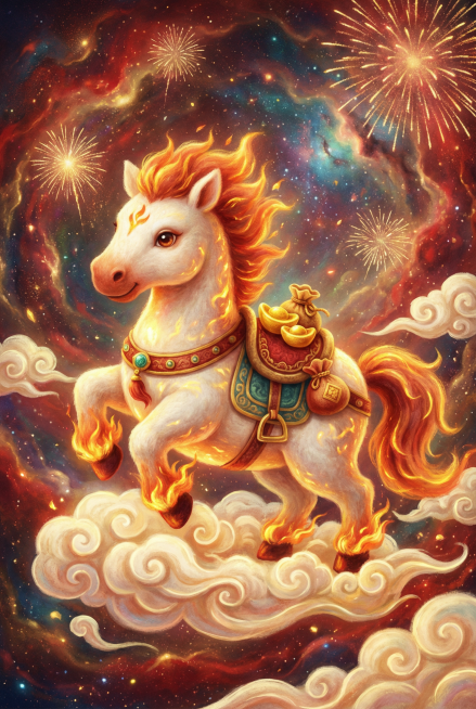 可爱风格，Q版，立体，生肖马，发光，光粒子，身上飘逸的毛发以及脚上都燃烧着火焰，以动态的姿势站在祥云之上，背景是抽象流动的星河以及烟花，马鞍设计，以及马背上有着金元宝和钱袋，代表着红红火火的寓意，整个预览效果