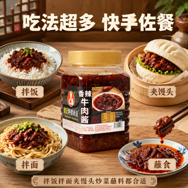 「图片1」，生成电商主图（7张），商品名称是香辣牛肉酱，卖点是大块真实牛肉粒，肉含量足
选用优质牛肉切丁，肉块饱满不碎渣，不靠豆制品填充，每勺都能吃到扎实肉粒，肉香突出。
煸炒去腥，久熬入味不柴
牛肉预览效果