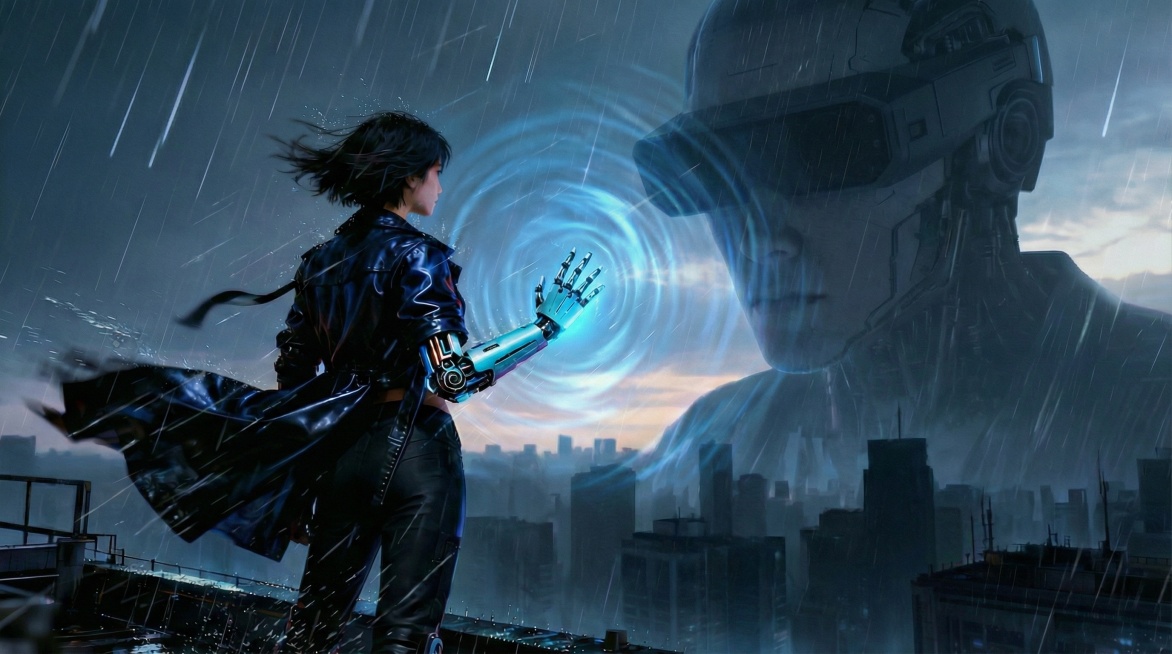 将画面中城市的所有灯光全部熄灭，仅保留雨雾和天际的微光，以及主角机械手掌的蓝光预览效果