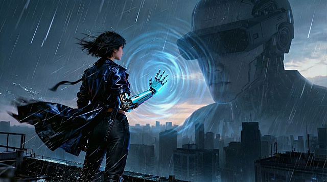 将画面中城市的所有灯光全部熄灭，仅保留雨雾和天际的微光，以及主角机械手掌的蓝光