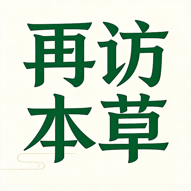 干净的米白色背景。平面艺术字体设计，四个字"再访本草"，中式国风楷体风格，笔画厚重稳重，墨绿主体颜色，保留参考图的方正字形结构，左下角添加浅米色中式云纹装饰，文字整体结构清晰可识别，四周留有安全边距。比例1:1