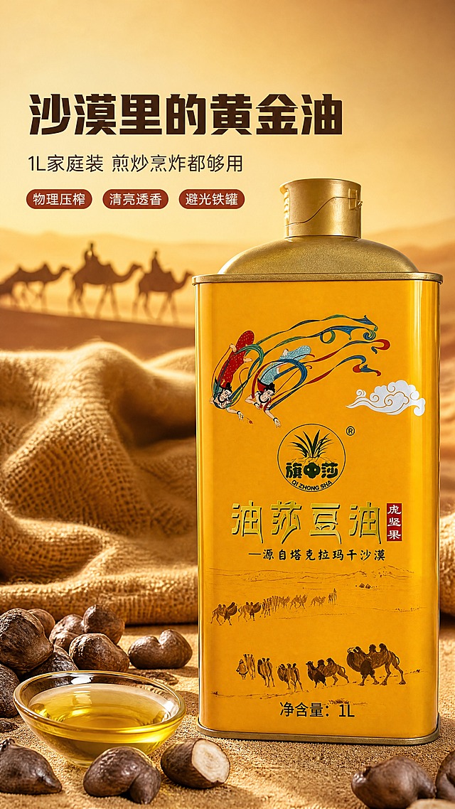 【第1张 · 食欲氛围头图】
[商品] 使用【图1】黄色铁罐油莎豆油（1L）；保留直筒罐身比例、金铜色瓶盖、罐体哑光马口铁材质、品牌"油莎豆"标识、品名"油莎豆油"、敦煌飞天人像与祥云图案、下方驼队剪影线条、红色小印章与"净含量：1L"文字，颜色由明黄过渡到金黄；不改变罐身任何文字与图案。
[画面] 目标为吸引注意的食欲氛围头图；产品海报型构图，金罐直立居中偏右、占画面约65%；前景左侧散落油莎豆块茎与一只盛着金黄透亮油液的小碟，中景为罐体，后景为暖沙色虚化粗麻布与一抹丝路驼队影子，三层环境元素；微低角度平视，中近景。
[视觉] 套系策略：风格=暖金沙漠丝路国潮商业摄影；标题字=现代无衬线粗黑体；正文字=简洁无衬线体；主色=暖金黄；背景延展=以暖金黄做深浅层级，由深褐赭石过渡到浅沙金，叠加沙粒、粗麻布与哑光金属质感；强调色=赭红，仅用于小面积图标、引线、标签与局部高光；标题色=深褐墨；正文色=暖灰褐；组件=圆角暖白信息卡、细金线引线、胶囊标签；光影=右前侧暖柔光，罐身金属柔和高光。
[文字] 左上留白横向排版主标题"沙漠里的黄金油"，下方副标题"1L家庭装 煎炒烹炸都够用"，再下方三个胶囊短卖点"物理压榨""清亮透香""避光铁罐"；全部横向排版，不遮挡罐身品牌、飞天图案与净含量。
[规格] 图片比例9:16竖版，4K，避免文字竖排或斜排、错字、罐身文字被改写、冷蓝冷灰背景、罐体变形。