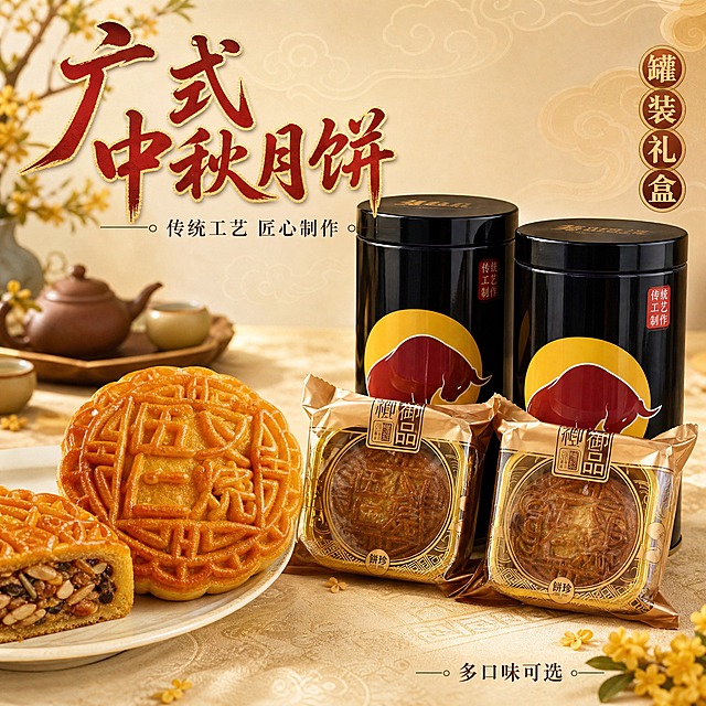 [主图-1] 罐装广式中秋月饼首图，主打食欲诱惑与节日氛围，突出罐装礼盒与广式月饼的精致质感。
[统一基调] 整体国风喜庆风格，暖金与朱红为主色调，背景为浅米色带细腻祥云暗纹，标题字色为朱红色配金色描边，辅助文字为深棕色，字体为厚重书法体搭配细宋体，整体传递传统中秋佳节的高端品质感。
[画面] 画面中央偏右位置摆放两罐黑色罐装月饼（与参考图4外观一致：黑色罐身、黄色圆月图案、红色牛形标识、传统工艺制作红色印章字样），罐身前侧摆放两袋独立包装月饼（金色包装、透明窗口可见月饼、御品禮字样），左侧前景放置一块完整的广式五仁月饼（与参考图1一致：金黄油亮表皮、精致回纹印花、五仁字样清晰），月饼旁搭配半块切开的月饼露出饱满内馅。背景为温馨的中式餐桌场景，浅米色桌布，远处虚化摆放中式茶具与桂花枝，营造中秋团圆氛围。产品占画面约70%，视角为45度俯拍。
[光影质感] 自然暖光从左上方照射，月饼表皮呈现诱人的油亮光泽，罐身有柔和反光，底部有自然接触阴影，整体商业摄影质感，通透有层次。
[配色] 主色暖金、朱红、米白，背景浅米色带祥云暗纹，点缀深棕色与桂花黄，整体温暖喜庆。
[文字版式] 左上角放置主标题「广式中秋月饼」朱红书法大字配金色描边，下方小字「传统工艺 匠心制作」深棕色细宋体；右上角竖排圆形印章样式「罐装礼盒」金色字；底部右侧小字「多口味可选」。文字均放在负空间，不遮挡产品主体。
[输出要求] 1:1正方形，产品清晰不变形，文字清晰可读，无水印无平台Logo，禁止出现极限词与错字。