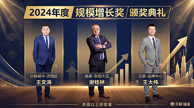生成16:9比例的规模增长奖颁奖PPT页面，奖项为规模增长奖，按顺序展示三位获奖者：贝联城中-济西区 王文涛、链家-东部大区 谢桂林、贝联-品牌中心 王大伟。将提供的三张半身照分别抠图后修饰为全身形象照，严格保留每个人物的面部特征不修改，严格按给定顺序对应图片和人物排列，页面背景融入贝壳元素和规模增长元素，风格正式大气