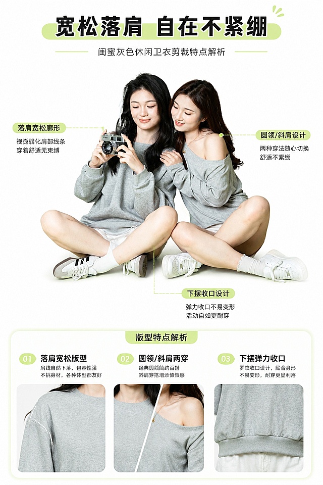 [第3屏] 版型解析页-闺蜜灰色休闲卫衣剪裁特点。本屏使用【图1】作为展示主体。
[标题版式] 顶部横排标题，主标题加粗，搭配纤细副标题，浅果绿块做背景装饰。
[氛围/风格] 清晰解析风，简约图文排版，商业展示质感，突出版型优势。
[元素布局] 上部分为整体穿搭展示，保留原图双人穿搭，下部分用引线标注版型特点：落肩宽松廓形、包容性强不挑身材，圆领/斜肩两种领口设计，舒适不紧绷，下摆收口设计不易变形；卫衣整体结构和颜色和原图保持一致。
[光影质感] 均匀布光，标注线清晰不突兀，整体层次分明。
[配色色系] 全局底色 #FFFFFF；主色浅花灰；辅助色浅果绿标注、黑色文字。
[视角构图] 上下分栏，上方整体展示，下方标注解析，平视视角。
[文字版式] 主标题「宽松落肩 自在不紧绷」，每个标注点使用短句说明，文字清晰不遮挡卫衣主体，标签化展示易读性强。
[比例分辨率] 9:16 竖版比例，4K 分辨率，文字清晰可辨，高清画质。
[负向提示词] 版型变形，结构错误，文字错乱，颜色偏差，水印，背景杂乱。