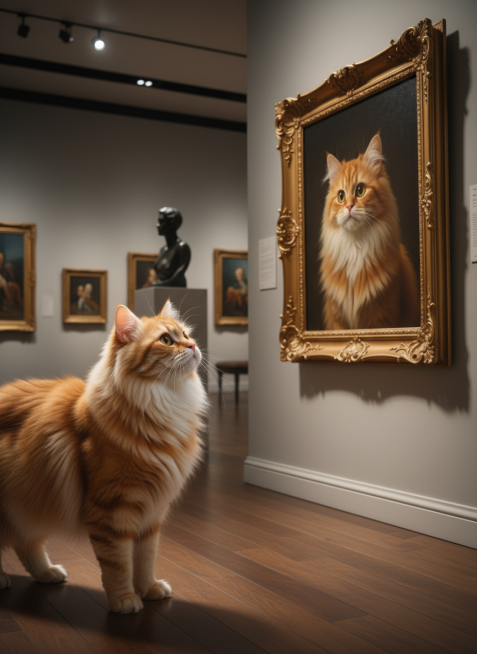 参考图小猫站在画面左侧看着画展展示的画，右侧墙上的挂画内容为小猫本体油画，画框要放高一点，小猫面对画框抬头看，露出一点侧脸，整体背景设定在一个高档画展区。预览效果
