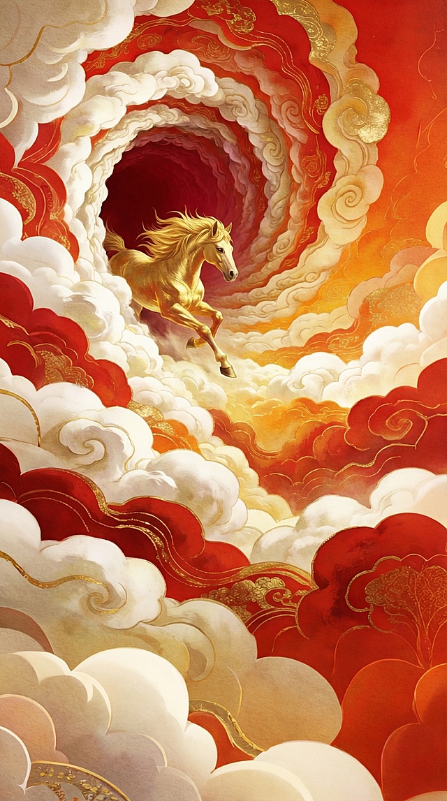 调整画面中云朵上的的低饱和度脏色，使画面颜色鲜亮干净。将黑色的洞口变为深红色，调整马的耳朵不要太过尖锐（使其符合真实马匹耳朵特征），调整马背后的鬓毛不要像火焰，使其符合真实马匹鬓毛特征。为画面整体增加手绘肌理效果。保持画面其他内容不变。