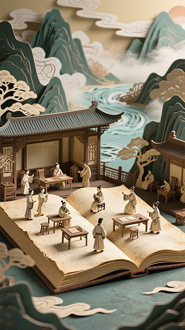 巨型泛黄书页平铺打开，上面是立体的古代学堂剪纸，背景是立体国风山水剪纸。