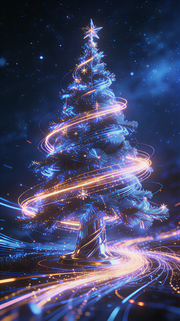 粒子光线的圣诞树。深蓝色的星空背景。高清渲染。赛博朋克风预览效果