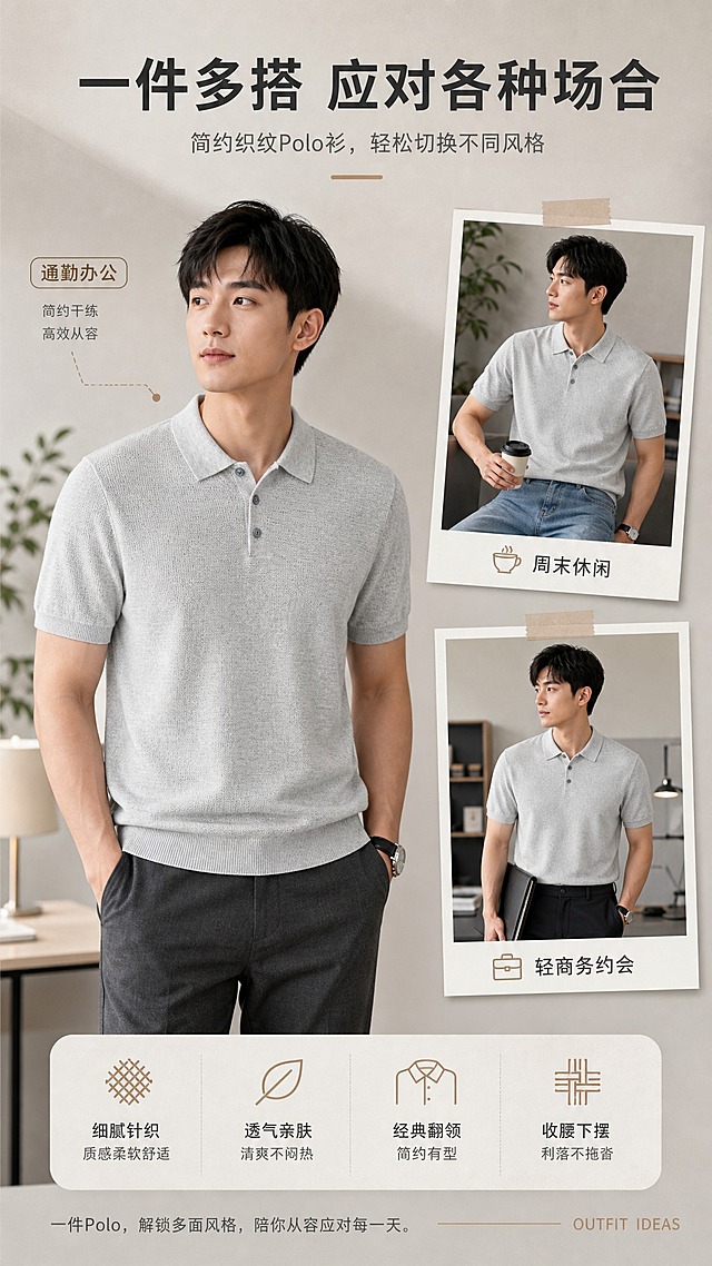 [商品] 使用【图1】浅灰色针织短袖Polo衫；商品处理：保留翻领、三粒扣门襟、短袖、收腰下摆、浅灰色针织肌理和整体版型；自然去皱，增强针织纹理质感，不改变版型、颜色和结构。
[画面] 页面目标：搭配灵感与多场景穿搭展示。构图：左侧1张大幅男士上身穿搭主图（亚洲男士，轻熟气质，日常通勤姿态），右侧上下排列2张拍立得风格小图，分别展示休闲周末搭配、商务通勤搭配；产品为同款同色浅灰色针织Polo，搭配西裤、牛仔裤等不同下装；背景为浅灰米色室内场景，有简约家具和绿植虚化点缀。
[视觉] 套系策略：风格=轻熟通勤高级商业摄影风；标题字=现代简约无衬线粗体；正文字=简洁无衬线体；主色=浅灰米调；背景延展=基于浅灰米做深浅层级、同色渐变和细腻织物/哑光墙面质感；强调色=暖驼色，仅用于小面积图标、引线和标签；标题色=深炭灰；正文色=中暖灰；组件=圆角浅底信息卡、细线引线、轻量英文装饰；光影=左前侧暖柔光，柔和自然阴影。
[文字] 上方主标题「一件多搭 应对各种场合」；三张图旁分别标注场景：通勤办公、周末休闲、轻商务约会；右下角有小号英文装饰「OUTFIT IDEAS」；文字全部横排，不遮挡人物和产品主体。
[规格] 图片比例9:16竖版，2K分辨率，避免变形、错字、文字过小、冷蓝背景、衣服颜色改变、版型失真、白底孤立、模特不统一。