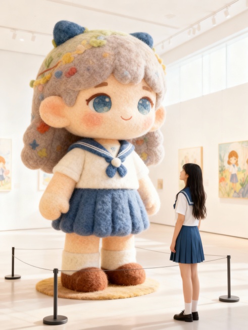 把图片主体做成充满创意和梦幻色彩的绘本风格的巨型毛毡艺术卡通风格雕塑放置在画面中心（主体的穿搭保持不变），主体站在一旁欣赏（与巨型主体形成比例反差），围栏隔离展示，背景是明亮的艺术展厅预览效果