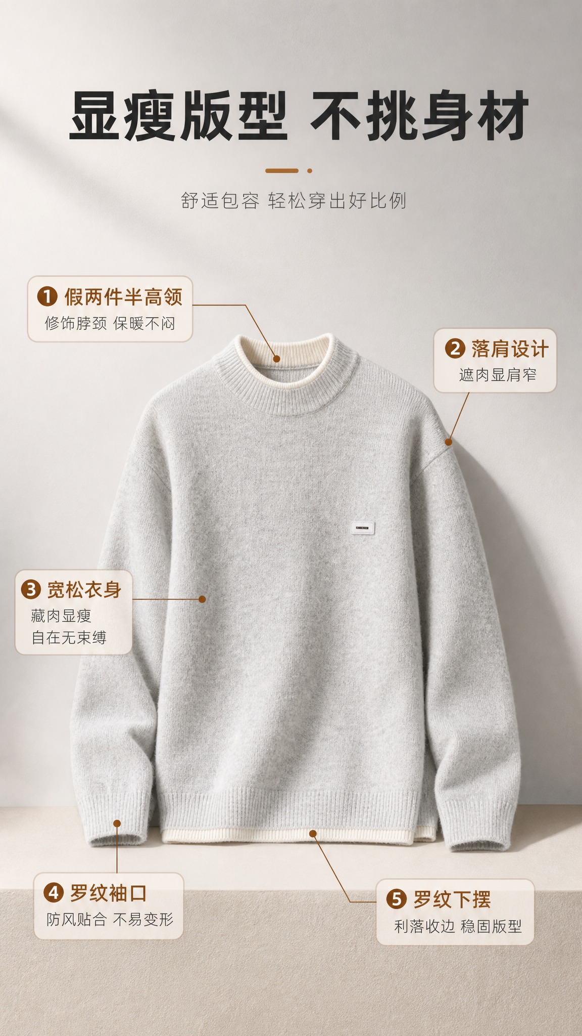 [商品] 使用【图1】浅花灰色假两件半高领针织毛衣；商品处理：… - 图片创意预览
