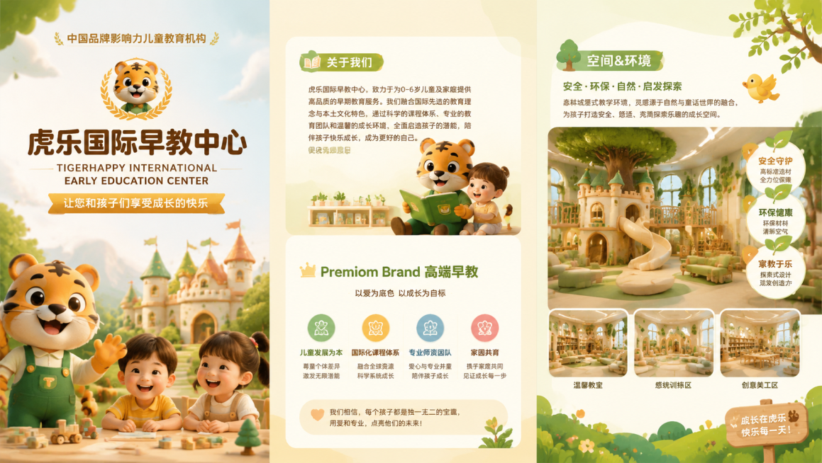 虎乐国际早教中心三折页正面设计，整体风格温馨童趣高端，封面顶部文字"中国品牌影响力儿童教育机构"，品牌名"虎乐国际早教中心"，英文"TIGERHAPPY INTERNATIONAL EARLY EDU预览效果